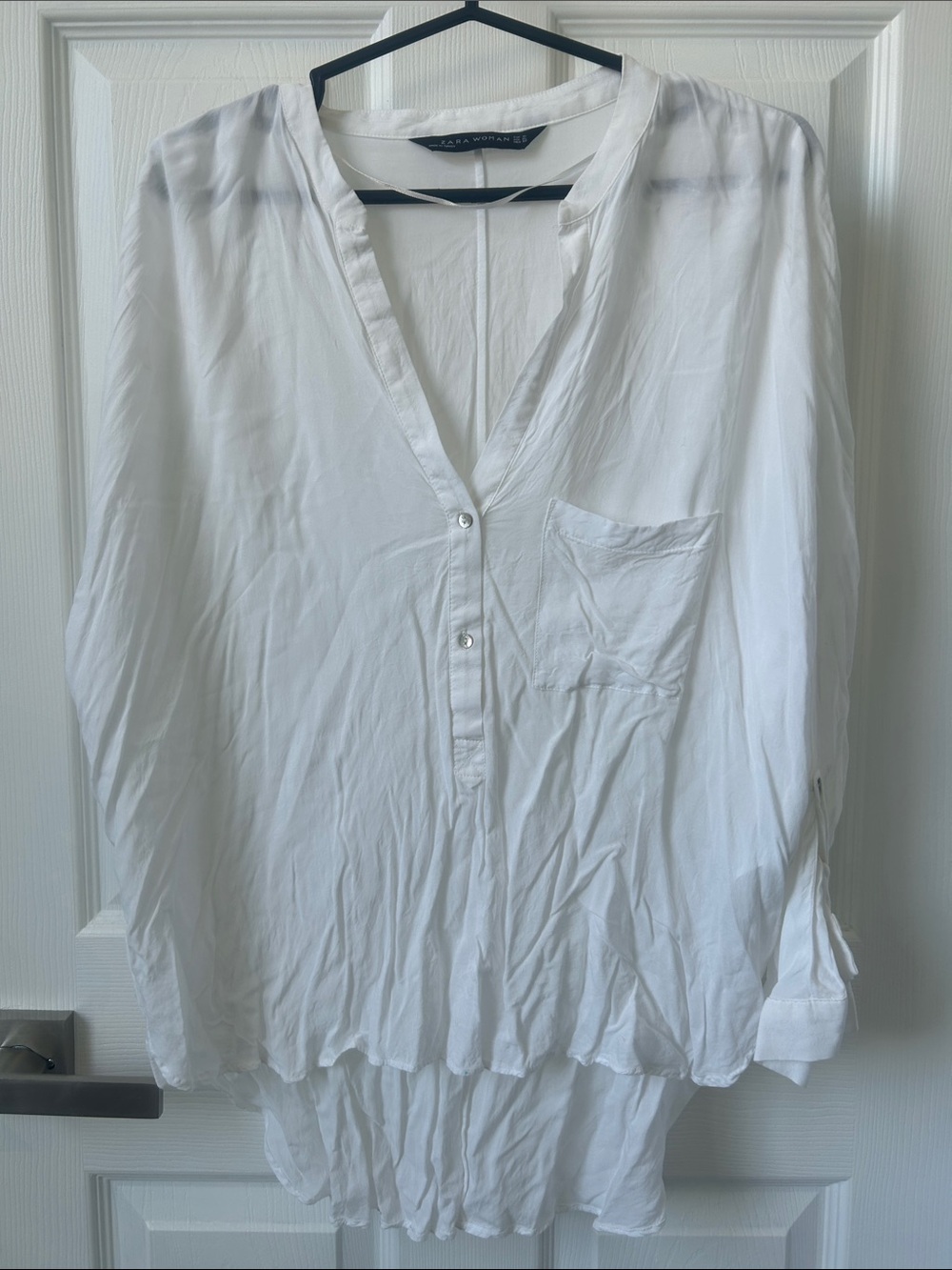 Zara White Long Sleeve V-Neck Blouse